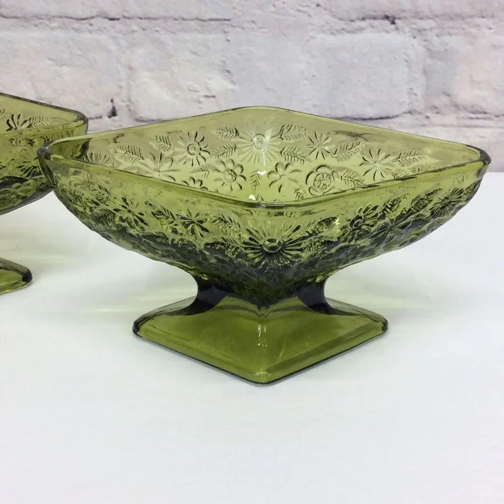 Vintage Indiana Glass Olive Green Diamond Shape Pedestal Candy Dish Bowl Set 2